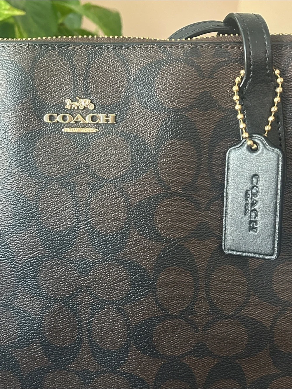 Coach Zip Tote Signature Canvas Leather Trim